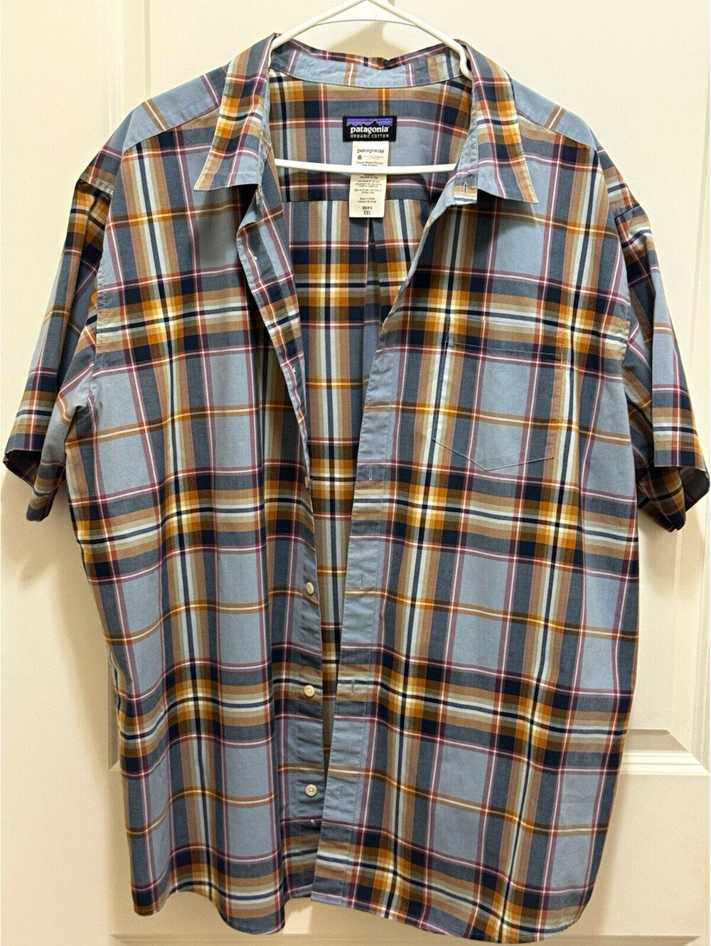 Patagonia Men’s XXL Organic Cotton Plaid Short Sleeve Button Up Shirt Blue Brown